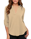Women's Business Casual V Neck Cuffed Sleeves Work Blouse Top