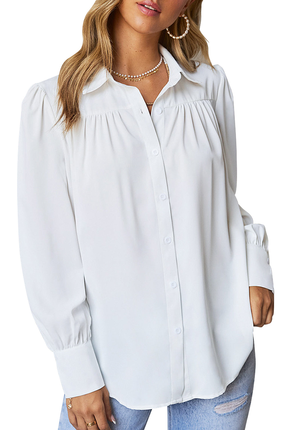Women’s V Neck Long Sleeve Chiffon Balloon Sleeve Work Blouses