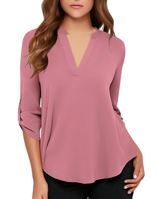 Women's Business Casual V Neck Cuffed Sleeves Work Blouse Top
