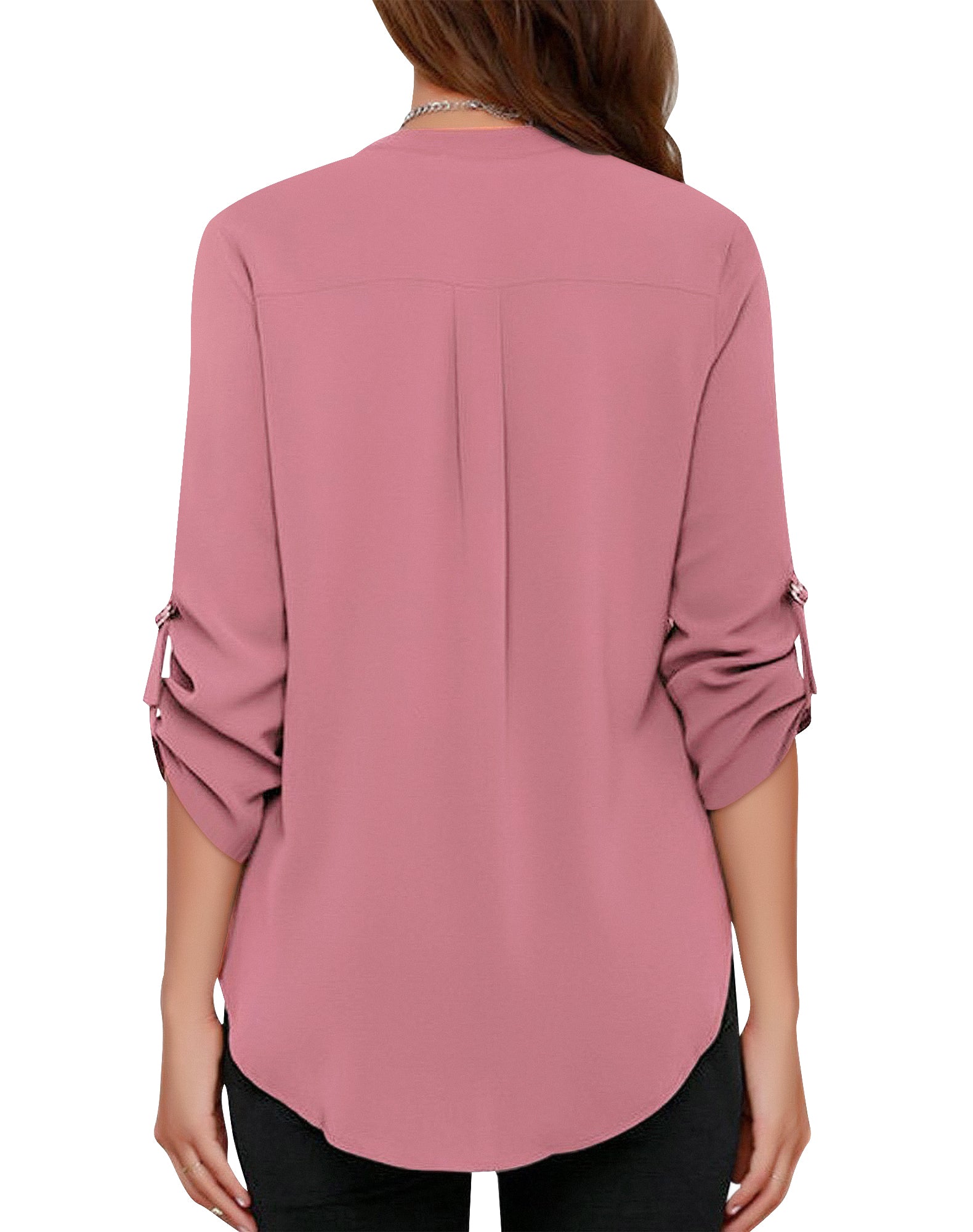 Women's Business Casual V Neck Cuffed Sleeves Work Blouse Top