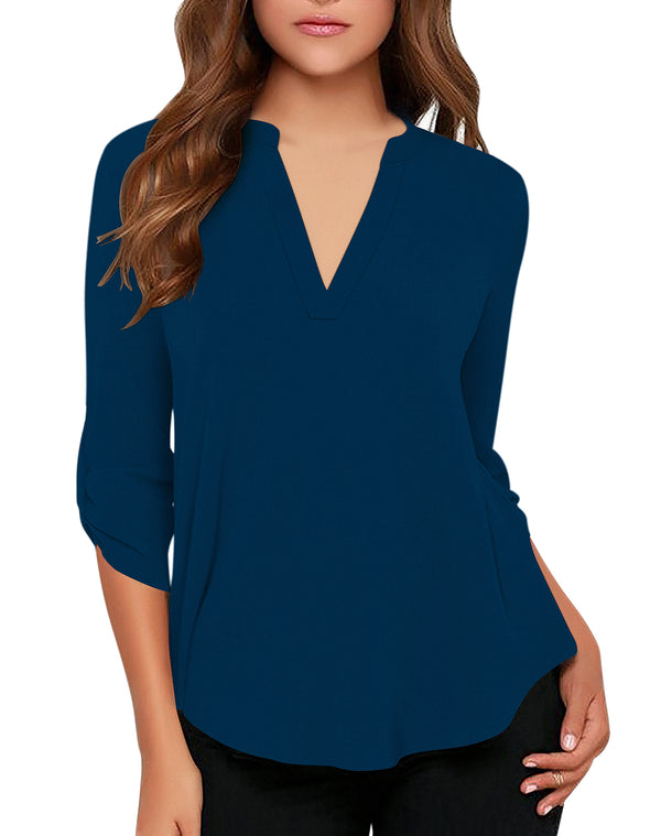 Women's Business Casual V Neck Cuffed Sleeves Work Blouse Top