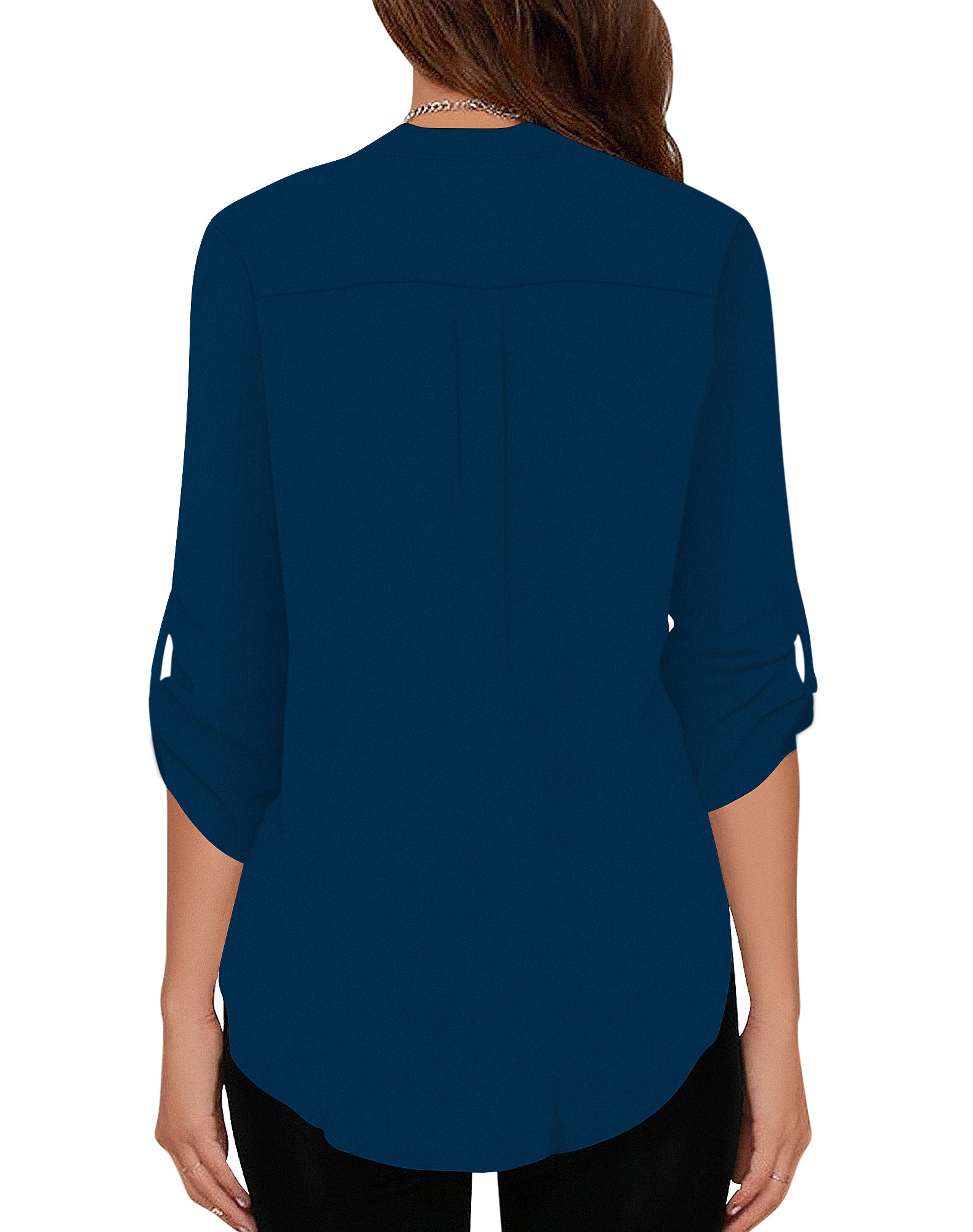 Women's Business Casual V Neck Cuffed Sleeves Work Blouse Top