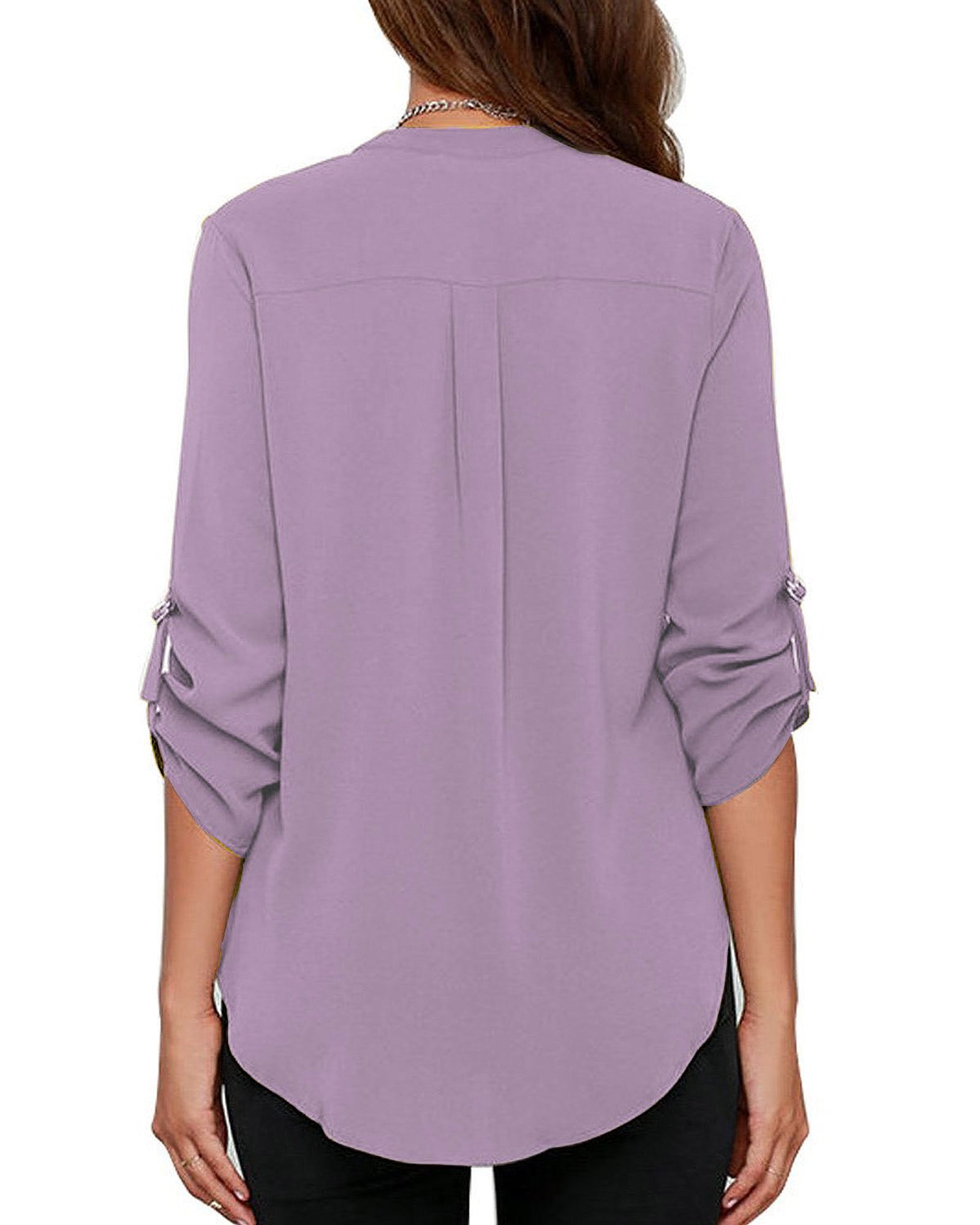 Women's Business Casual V Neck Cuffed Sleeves Work Blouse Top