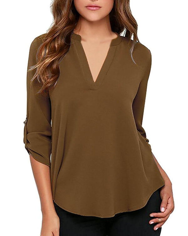 Women's Business Casual V Neck Cuffed Sleeves Work Blouse Top