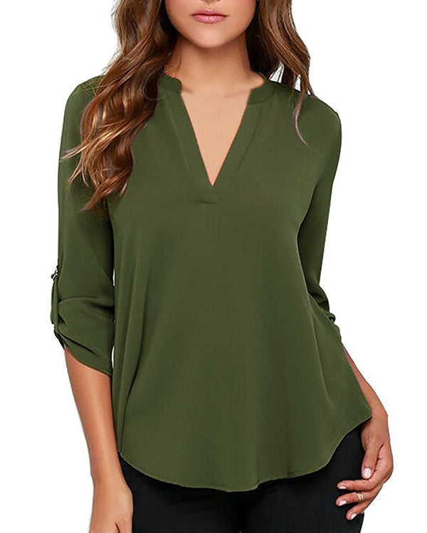Women's Business Casual V Neck Cuffed Sleeves Work Blouse Top
