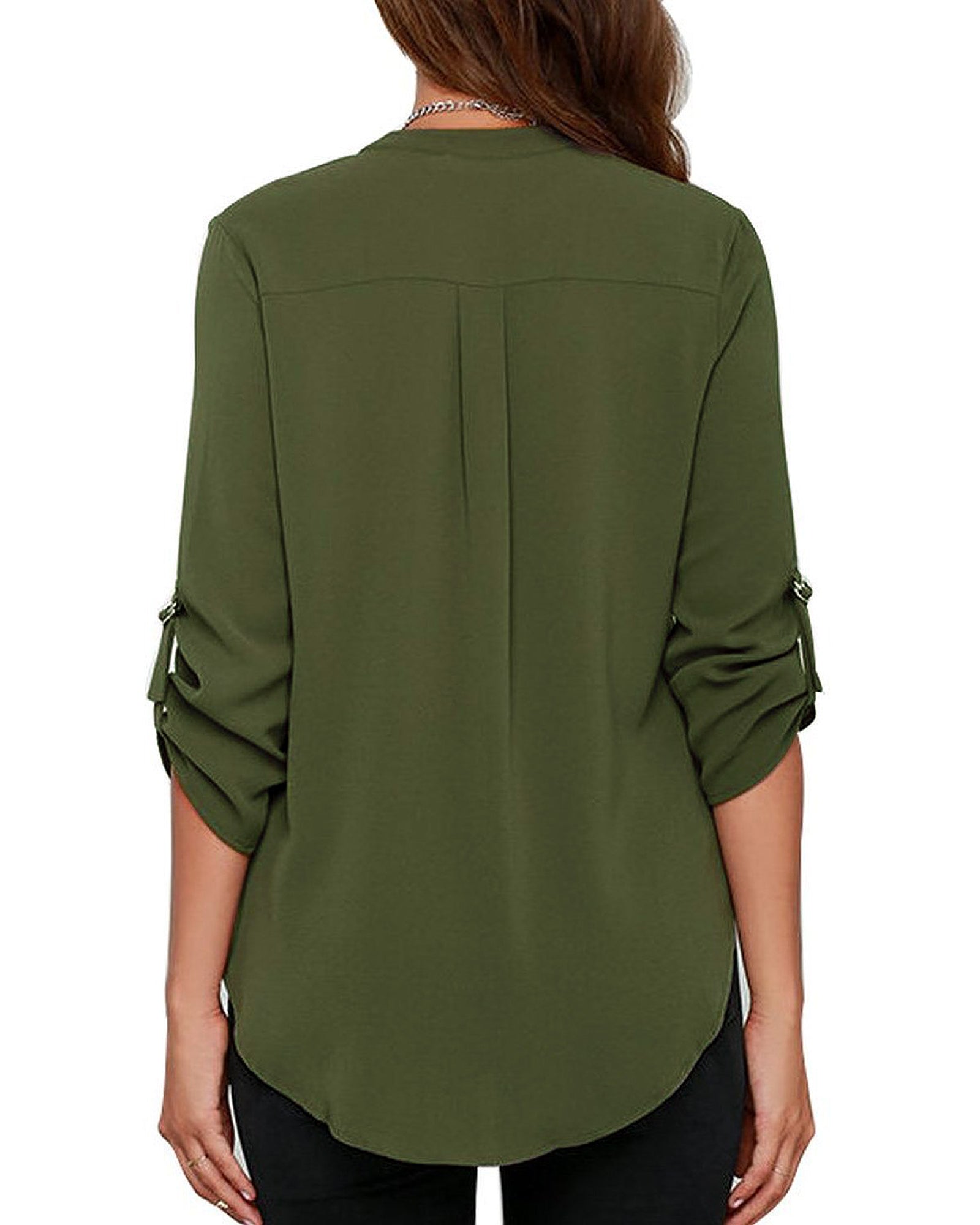 Women's Business Casual V Neck Cuffed Sleeves Work Blouse Top
