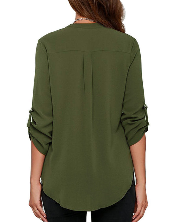 Women's Business Casual V Neck Cuffed Sleeves Work Blouse Top