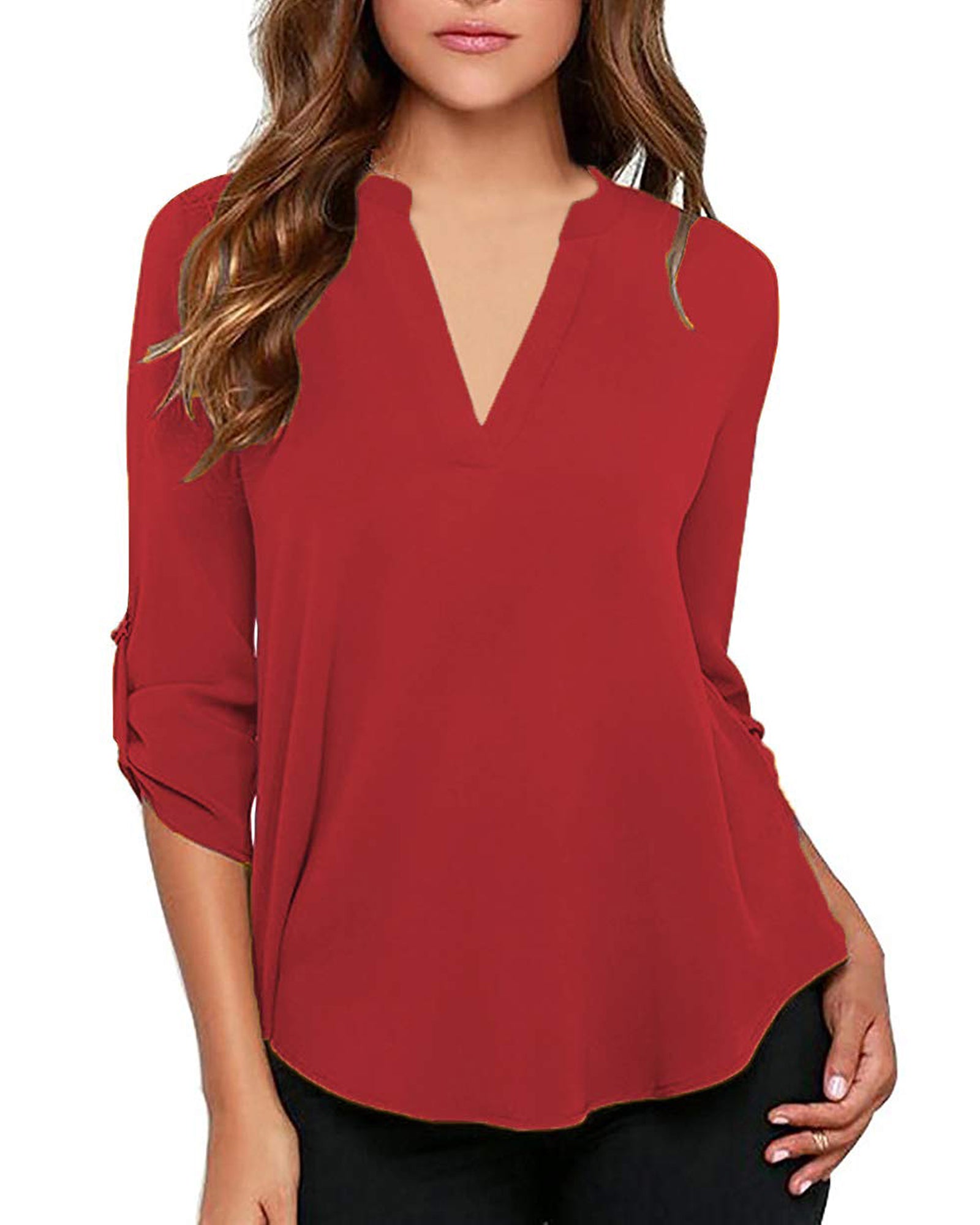 Women's Business Casual V Neck Cuffed Sleeves Work Blouse Top
