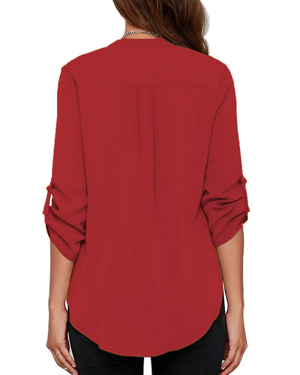 Women's Business Casual V Neck Cuffed Sleeves Work Blouse Top