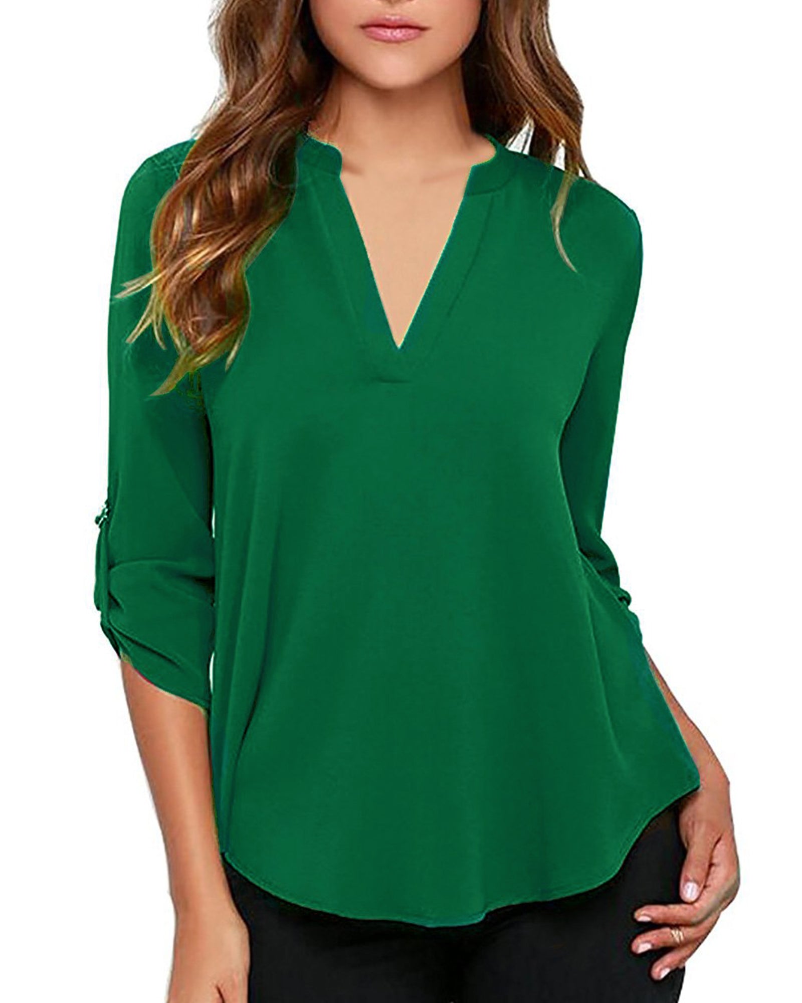 Women's Business Casual V Neck Cuffed Sleeves Work Blouse Top