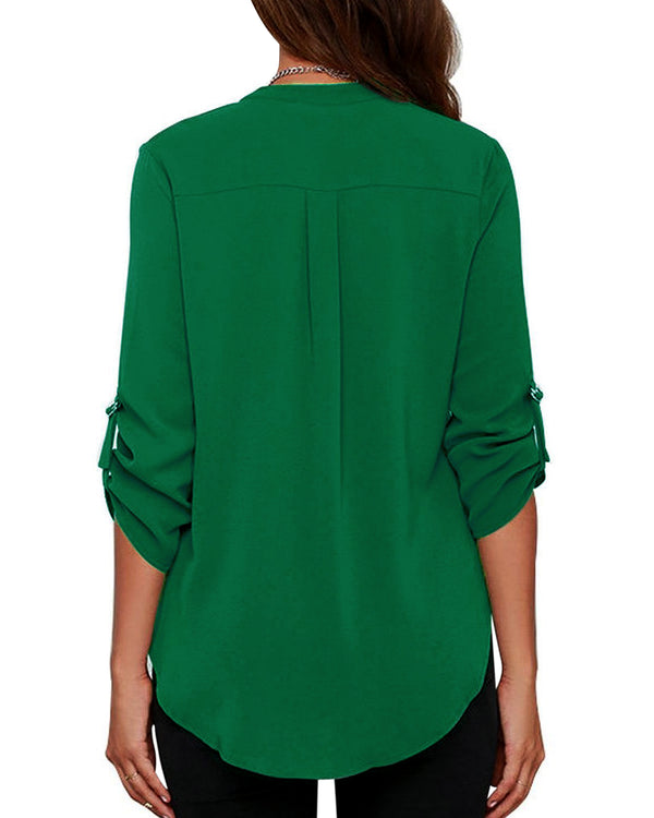 Women's Business Casual V Neck Cuffed Sleeves Work Blouse Top