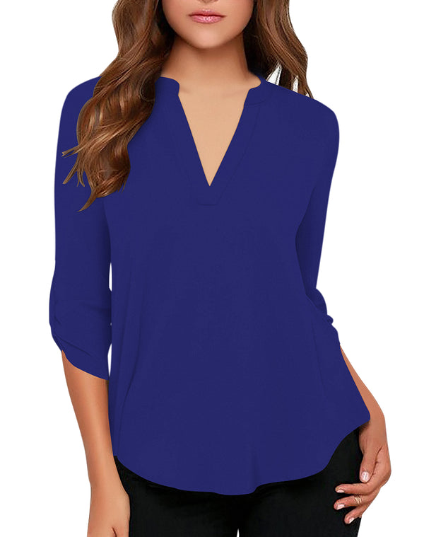 Women's Business Casual V Neck Cuffed Sleeves Work Blouse Top