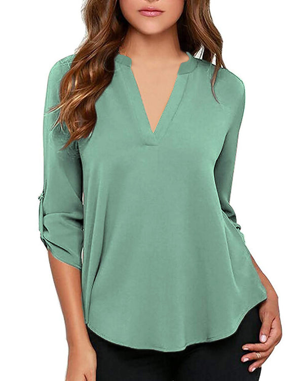 Women's Business Casual V Neck Cuffed Sleeves Work Blouse Top