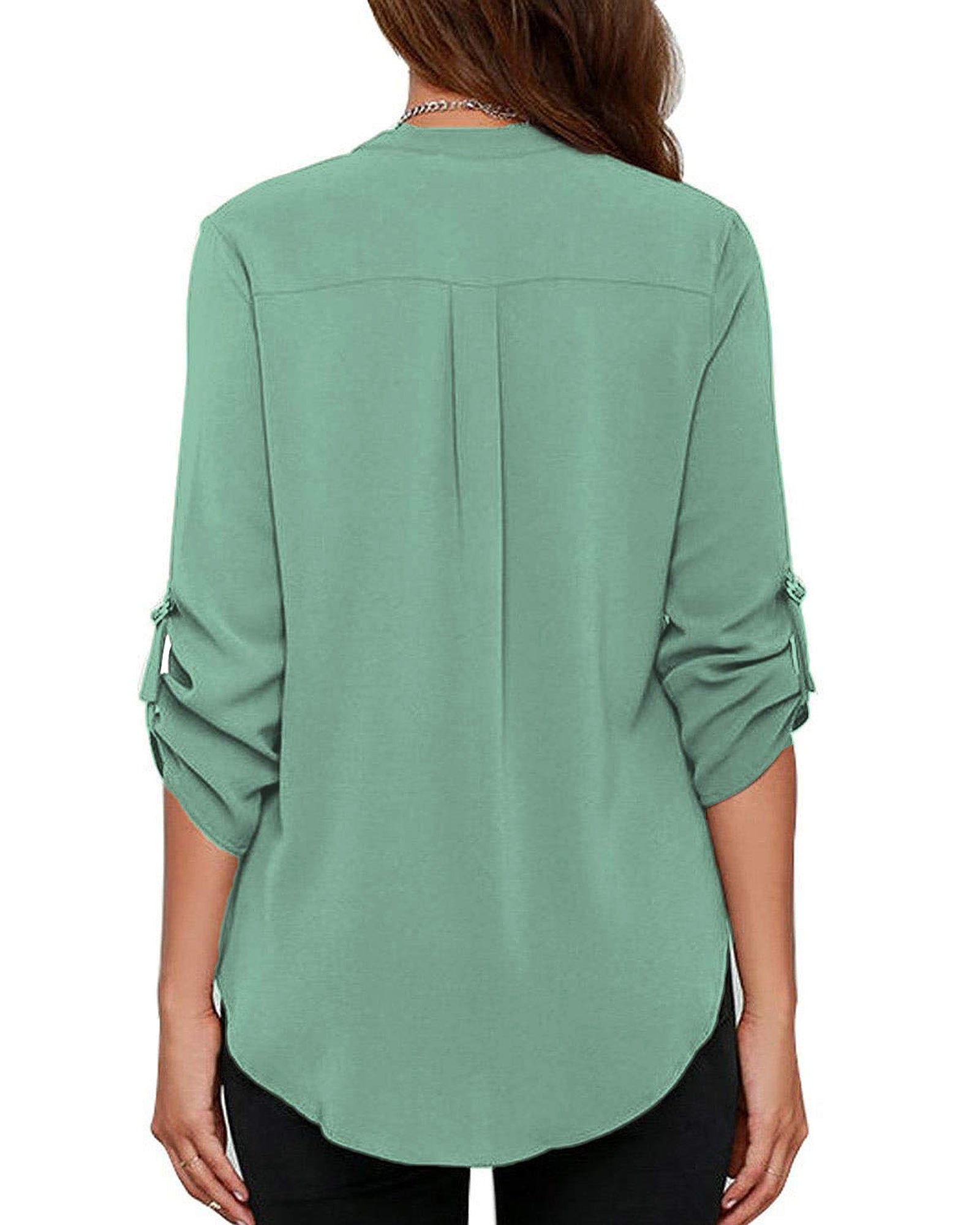 Women's Business Casual V Neck Cuffed Sleeves Work Blouse Top