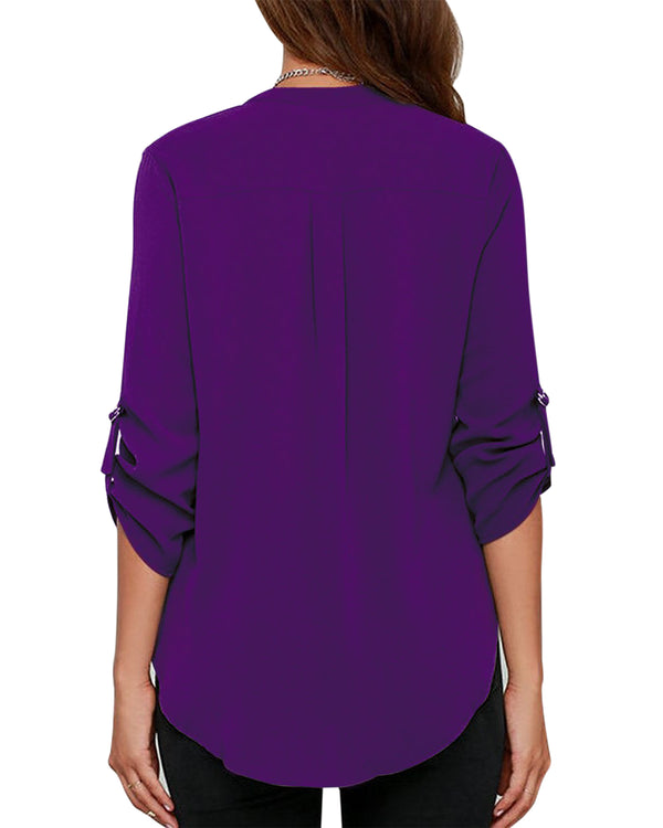Women's Business Casual V Neck Cuffed Sleeves Work Blouse Top