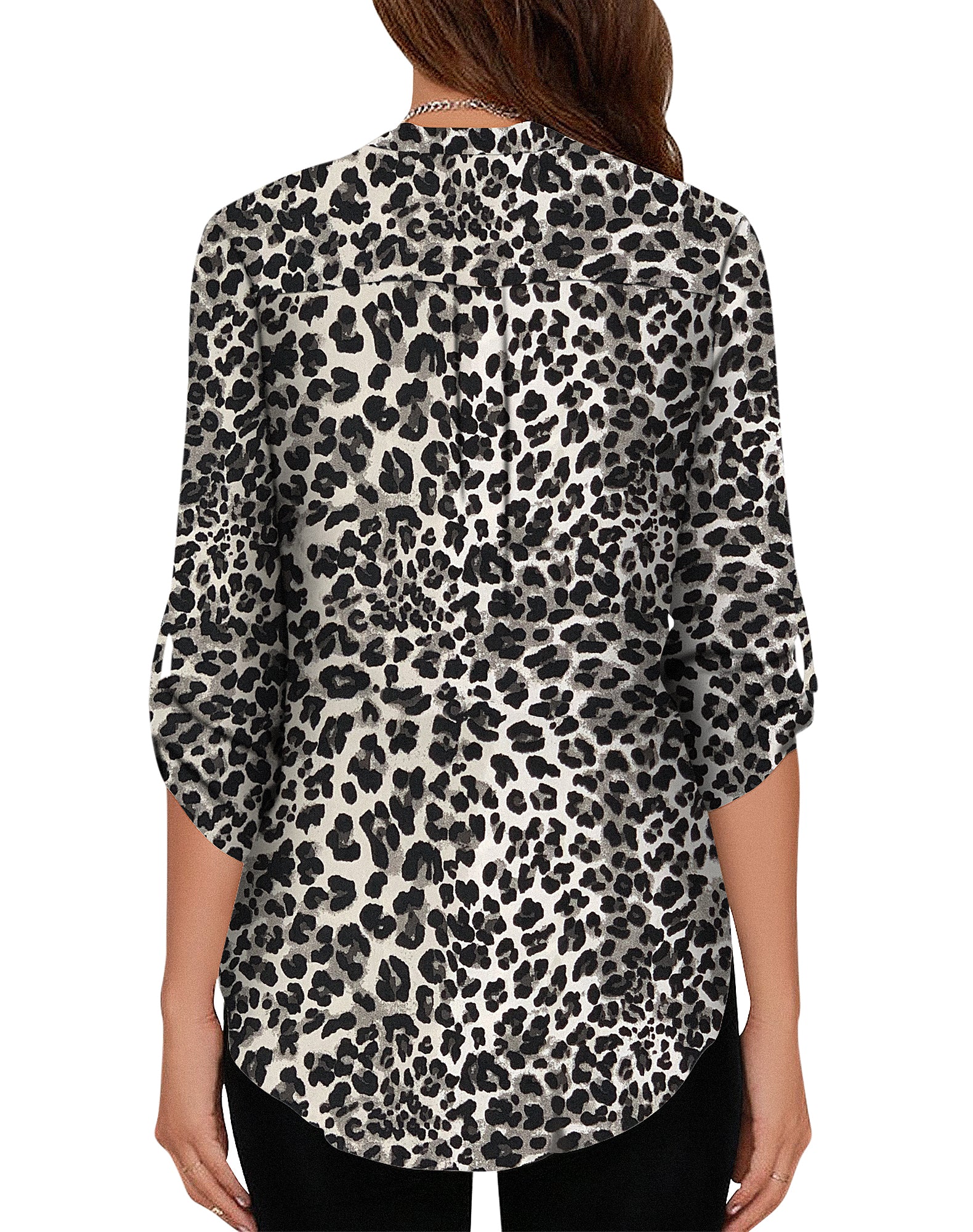 Women's Business Casual V Neck Cuffed Sleeves Work Blouse Top