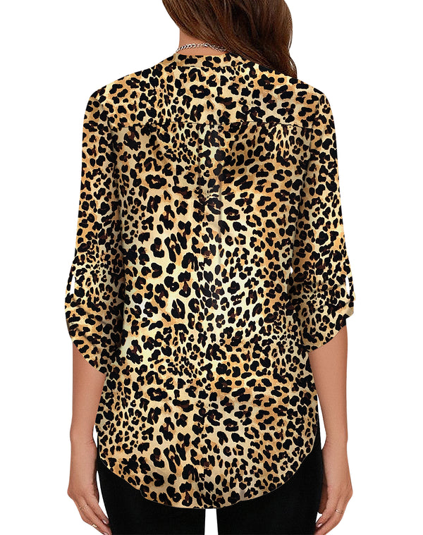 Women's Business Casual V Neck Cuffed Sleeves Work Blouse Top
