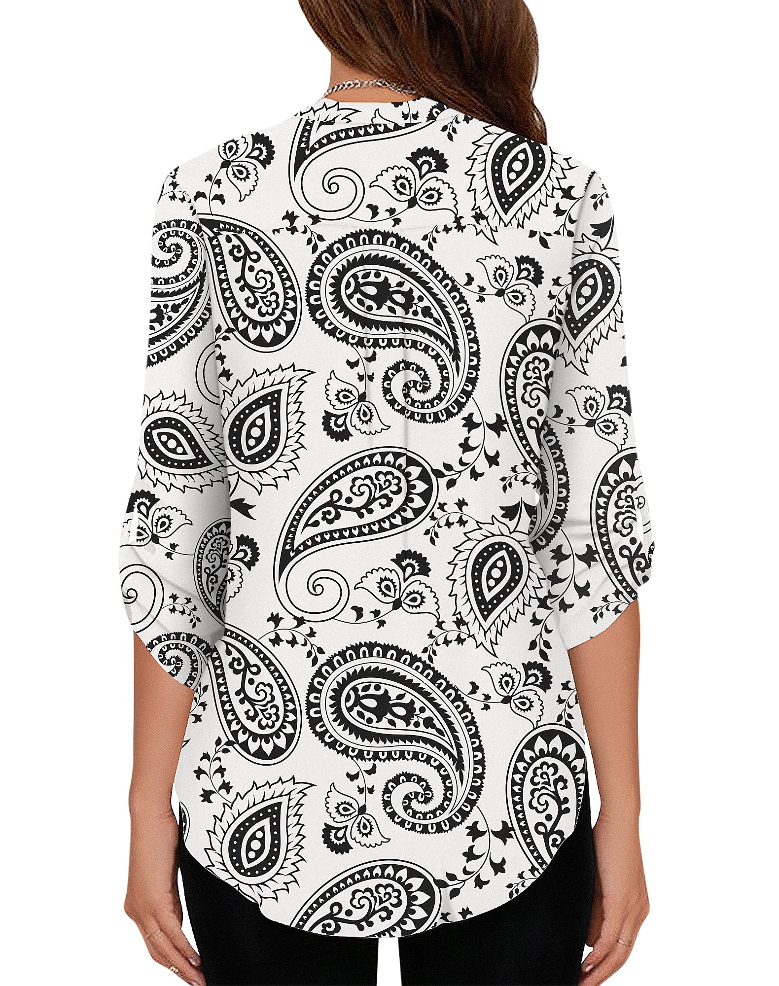 Women's Business Casual V Neck Cuffed Sleeves Work Blouse Top