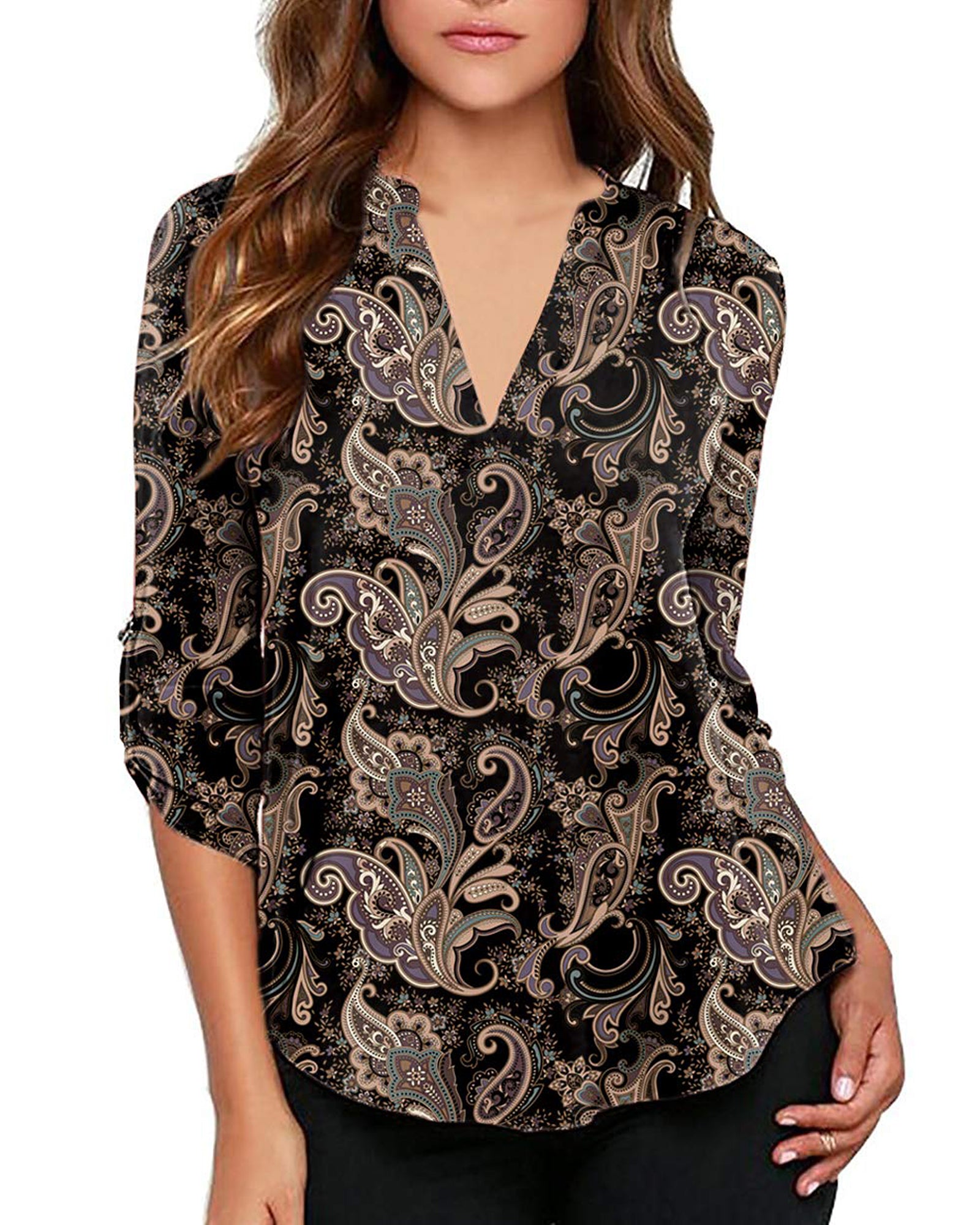 Women's Business Casual V Neck Cuffed Sleeves Work Blouse Top