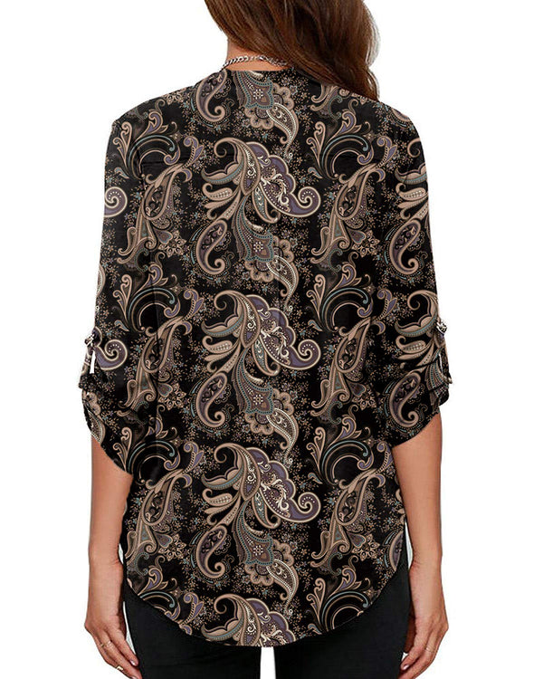 Women's Business Casual V Neck Cuffed Sleeves Work Blouse Top