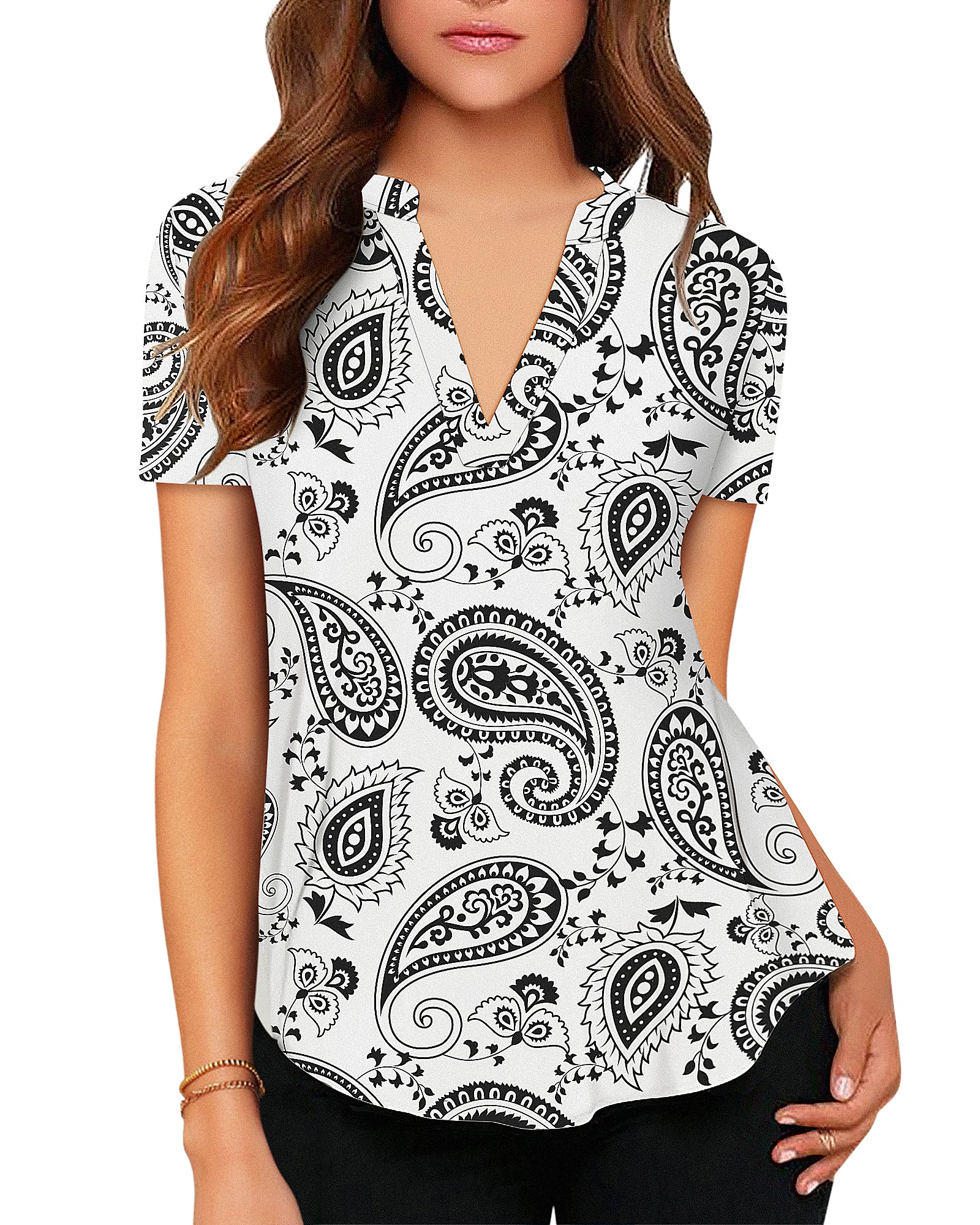 Women's Business Casual V Neck Cuffed Sleeves Work Blouse Top