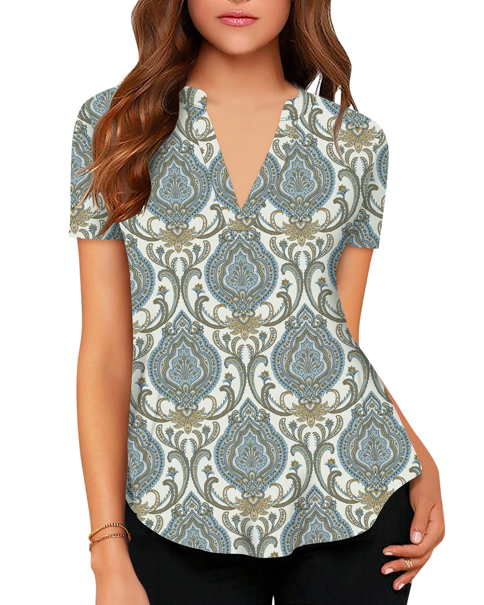 Women's Business Casual V Neck Cuffed Sleeves Work Blouse Top