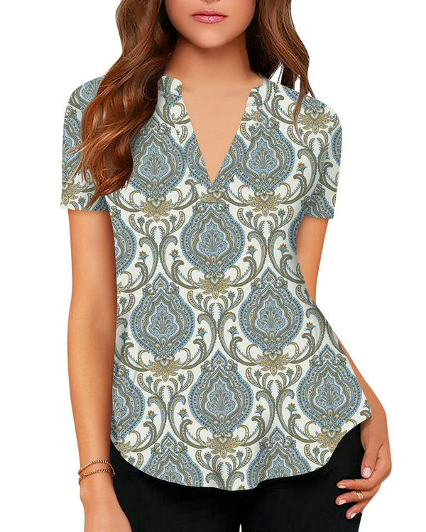 Women's Business Casual V Neck Cuffed Sleeves Work Blouse Top