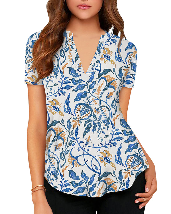 Women's Business Casual V Neck Cuffed Sleeves Work Blouse Top
