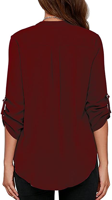 Women's Business Casual V Neck Cuffed Sleeves Work Blouse Top