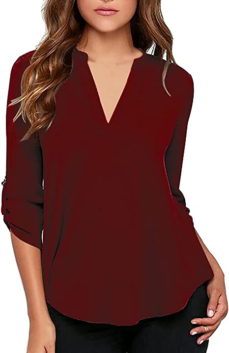 Women's Business Casual V Neck Cuffed Sleeves Work Blouse Top
