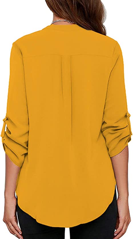 Women's Business Casual V Neck Cuffed Sleeves Work Blouse Top