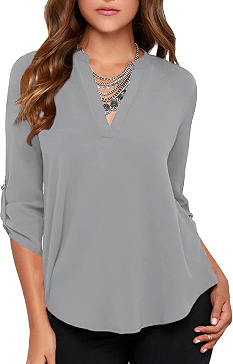 Women's Business Casual V Neck Cuffed Sleeves Work Blouse Top