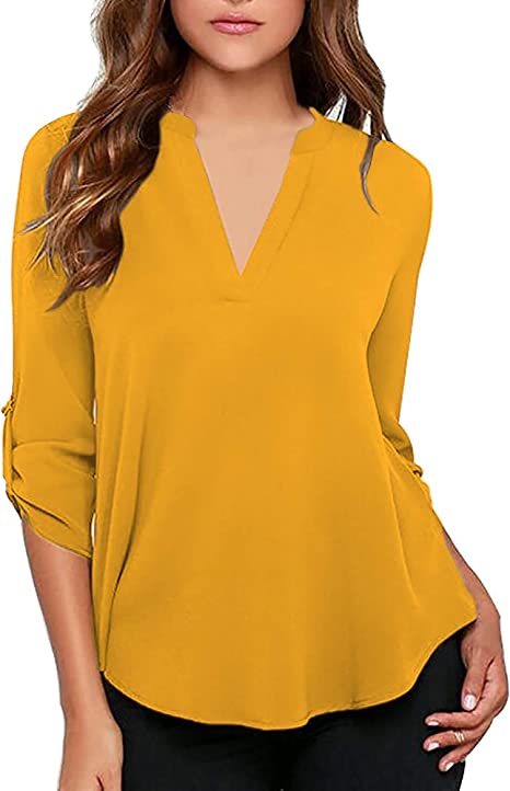 Women's Business Casual V Neck Cuffed Sleeves Work Blouse Top