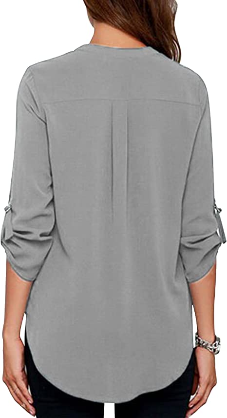 Women's Business Casual V Neck Cuffed Sleeves Work Blouse Top