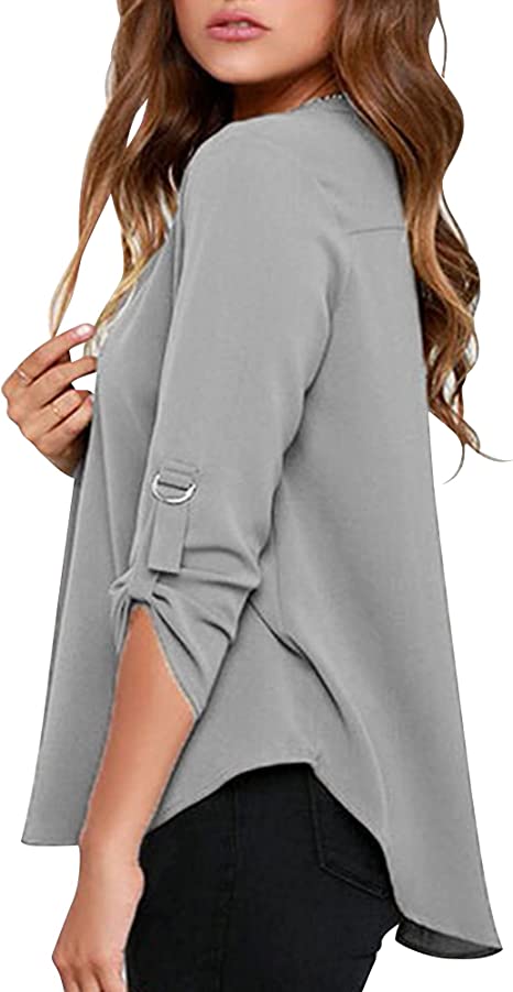 Women's Business Casual V Neck Cuffed Sleeves Work Blouse Top