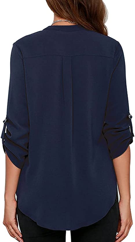 Women's Business Casual V Neck Cuffed Sleeves Work Blouse Top