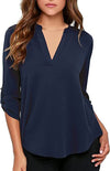 Women's Business Casual V Neck Cuffed Sleeves Work Blouse Top