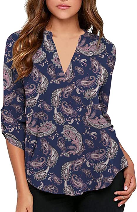 Women's Business Casual V Neck Cuffed Sleeves Work Blouse Top