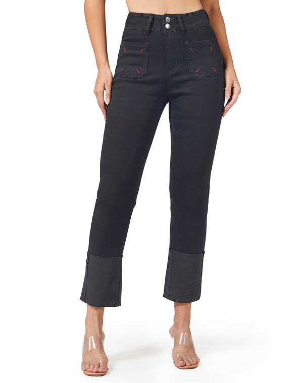 Women's Straight Leg Jeans High Waisted Stretchy Mom Jeans Cuffed Trouser Jeans with Patch Pockets
