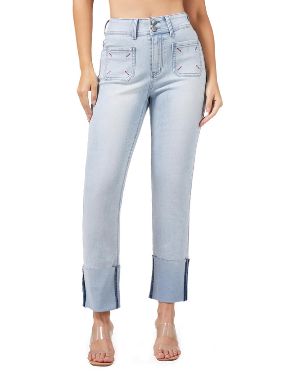 Women's Straight Leg Jeans High Waisted Stretchy Mom Jeans Cuffed Trouser Jeans with Patch Pockets