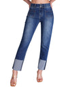 Women's Straight Leg Jeans High Waisted Stretchy Mom Jeans Cuffed Trouser Jeans with Patch Pockets