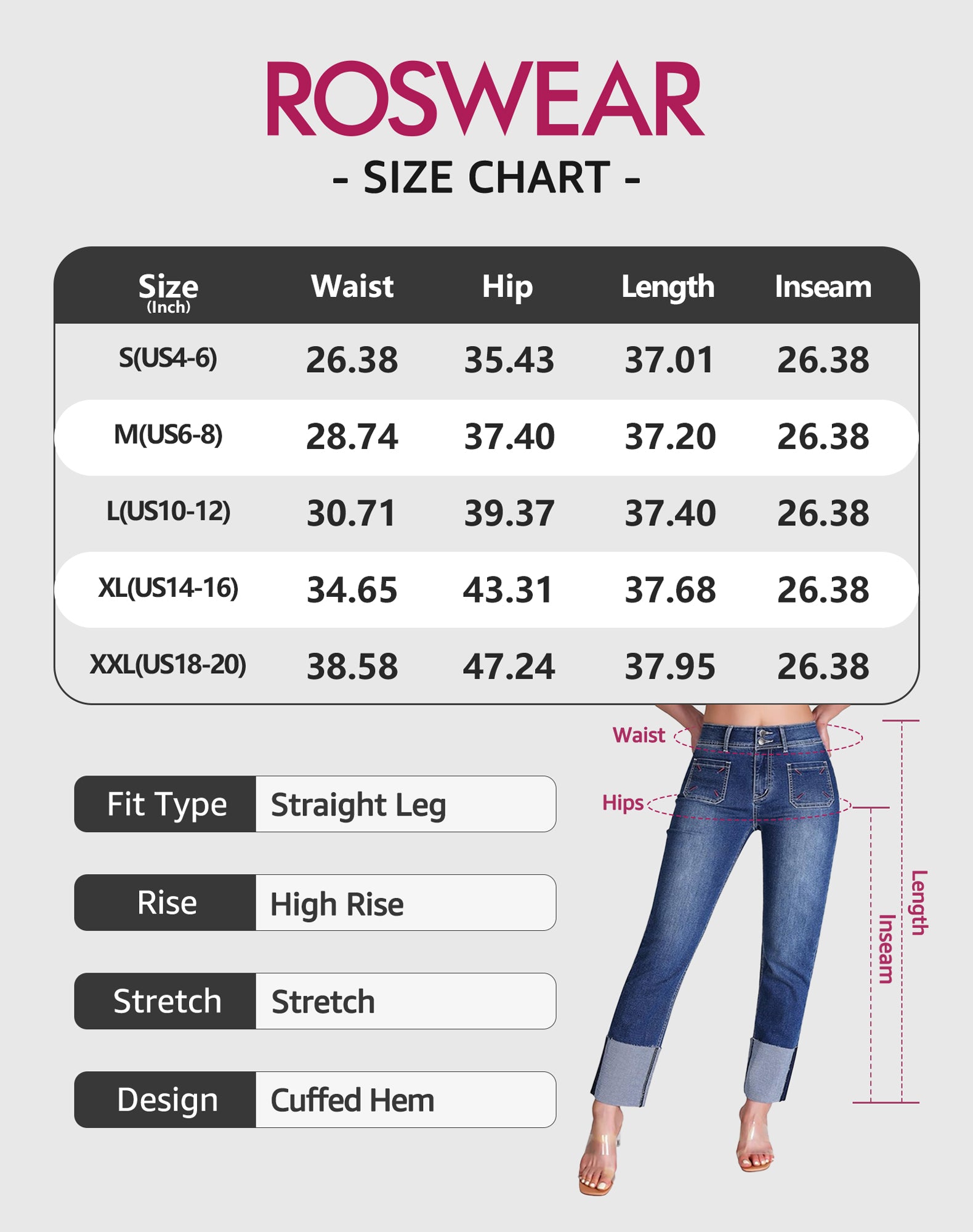 Women's Straight Leg Jeans High Waisted Stretchy Mom Jeans Cuffed Trouser Jeans with Patch Pockets