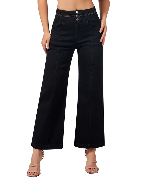 Women's Wide Leg Cropped Jeans High Waisted Ankle Trouser Jeans Boyfriend Stretchy Front Seam Denim Pants