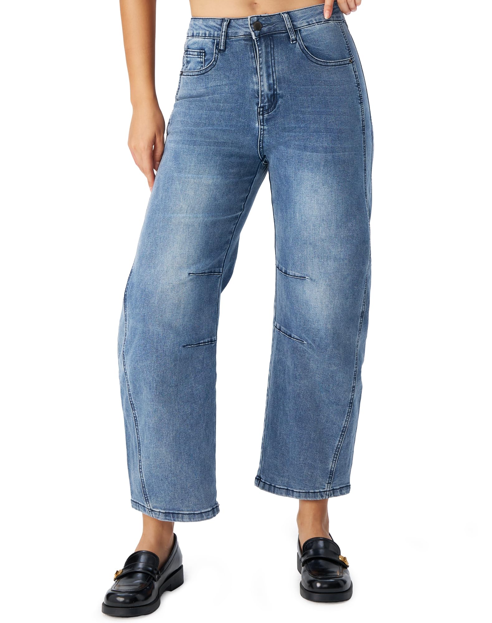 Women's Barrel Jeans High Waisted Stretchy Wide Leg Cropped Boyfriend Denim Jeans
