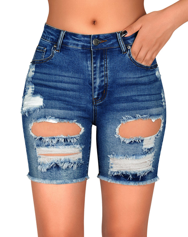 Ripped Denim Frayed Hem Distressed Bermuda Shorts