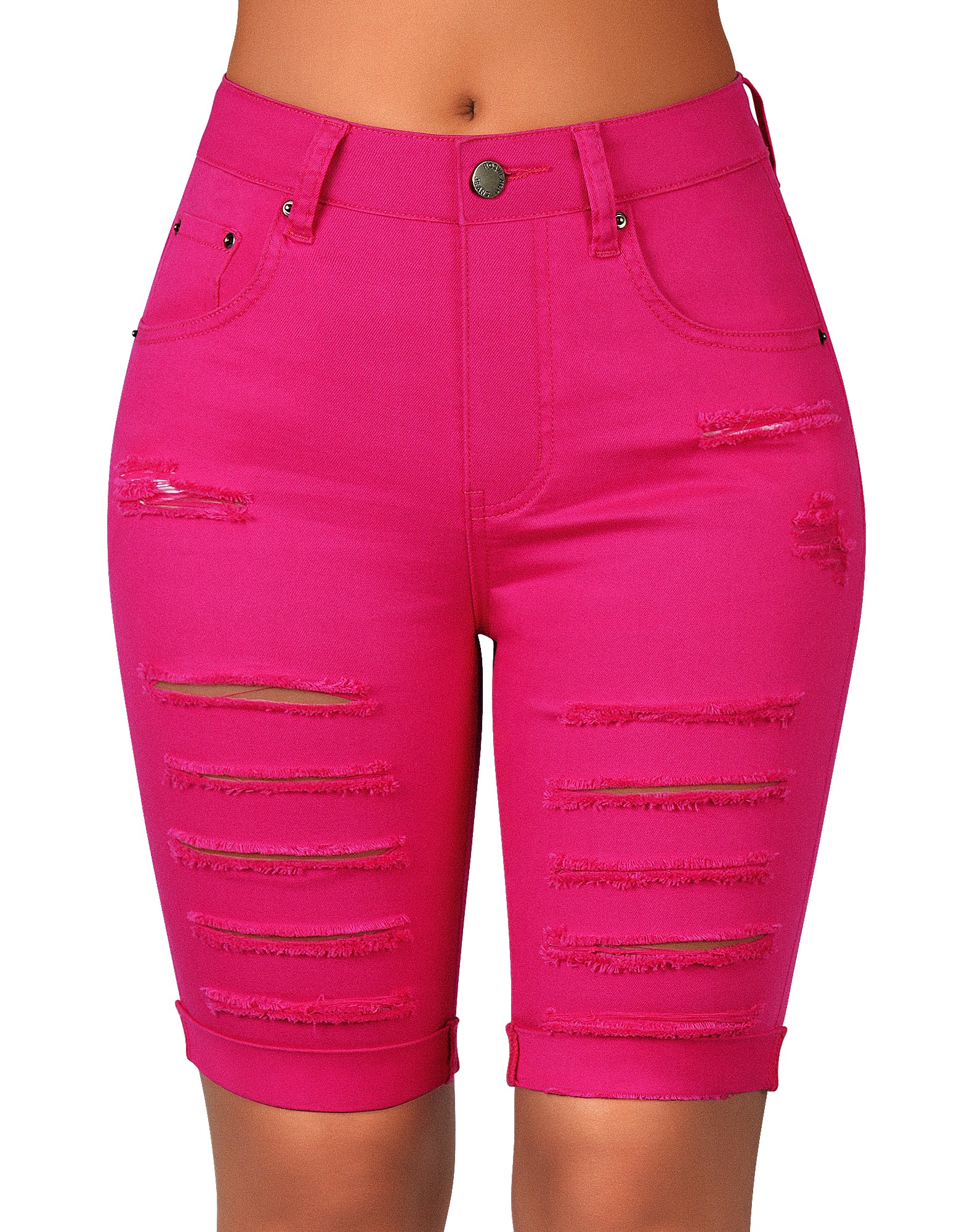 Mid Rise Hollow-out Ripped Bermuda Shorts