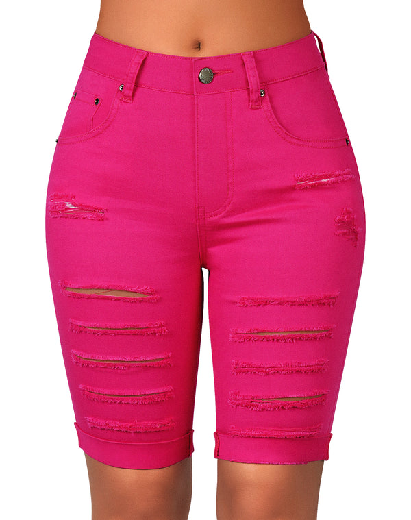 Mid Rise Hollow-out Ripped Bermuda Shorts