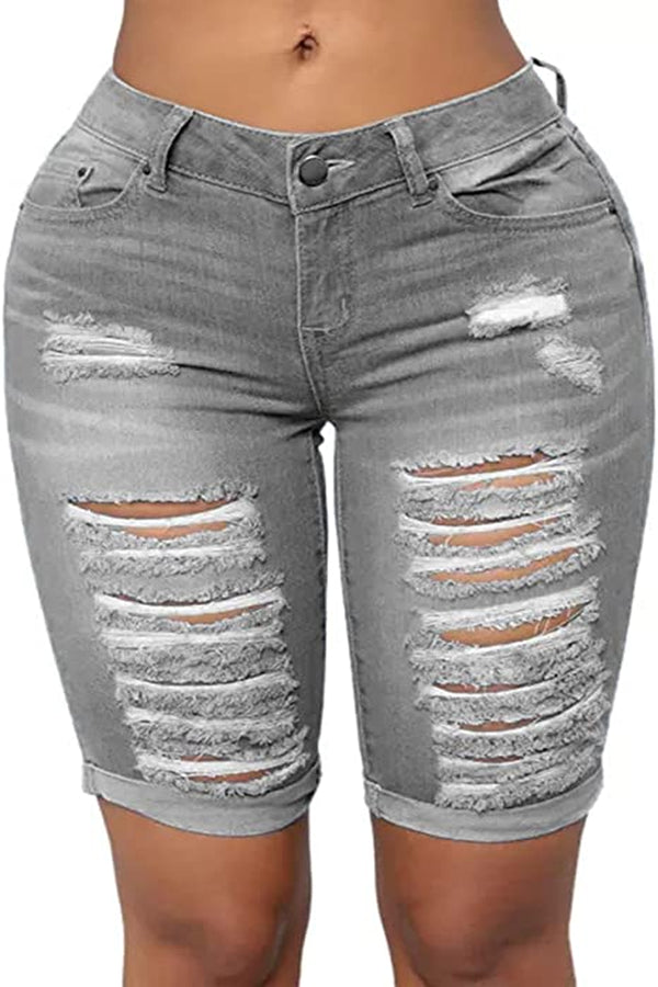Mid Rise Hollow-out Ripped Bermuda Shorts