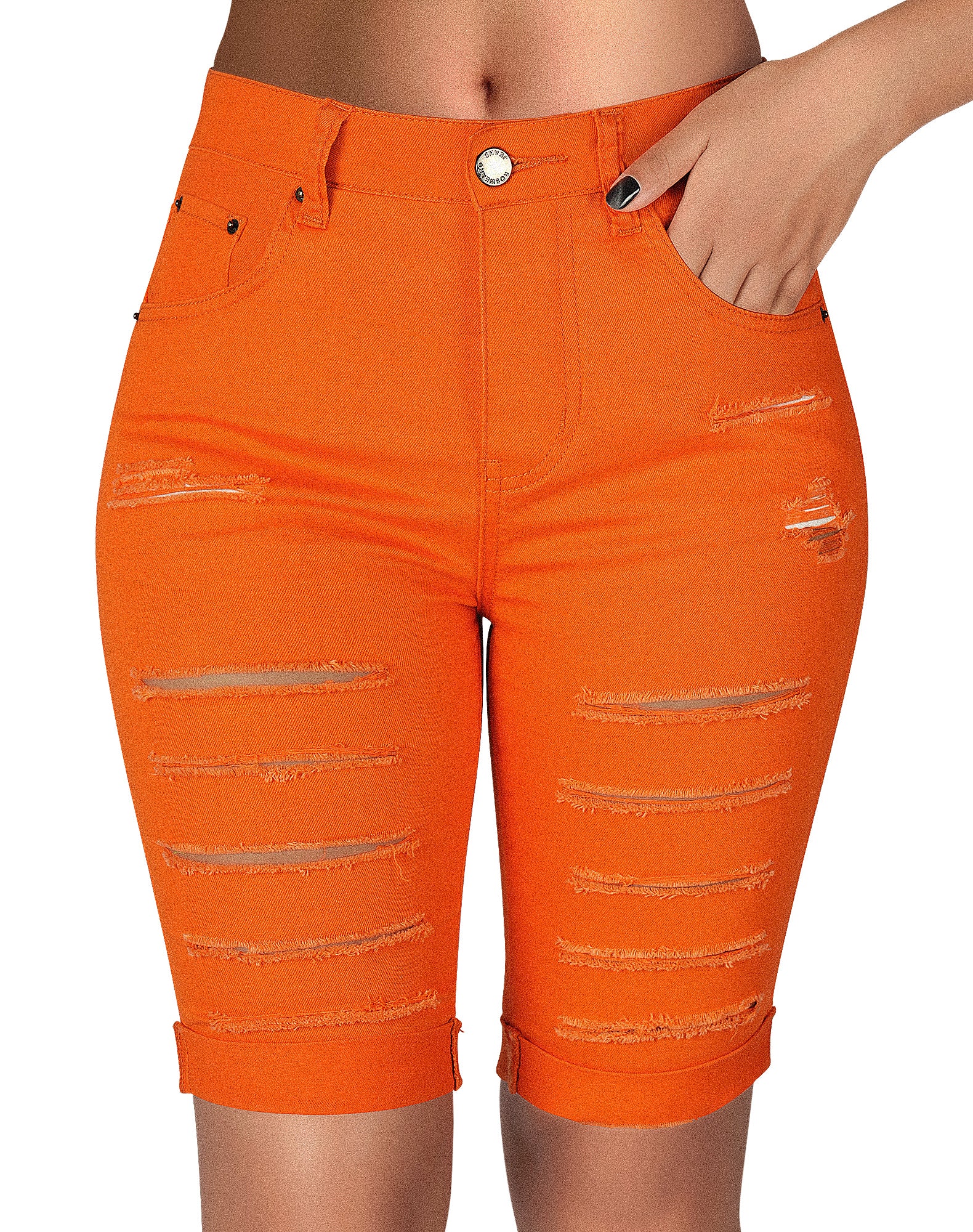 Mid Rise Hollow-out Ripped Bermuda Shorts