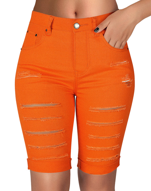 Mid Rise Hollow-out Ripped Bermuda Shorts